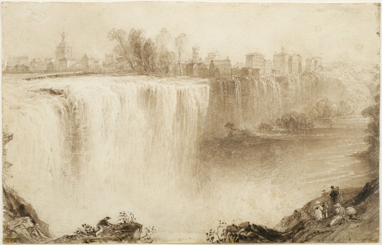जेनेसी फॉल्स, रोचेस्टर, न्यू यॉर्क: एक उत्कीर्णन के लिए अध्ययन, 1836 (कागज पर बाहर खरोंच के साथ भूरा स्याही धोने) द्वारा विलियम हेनरी बार्टलेट