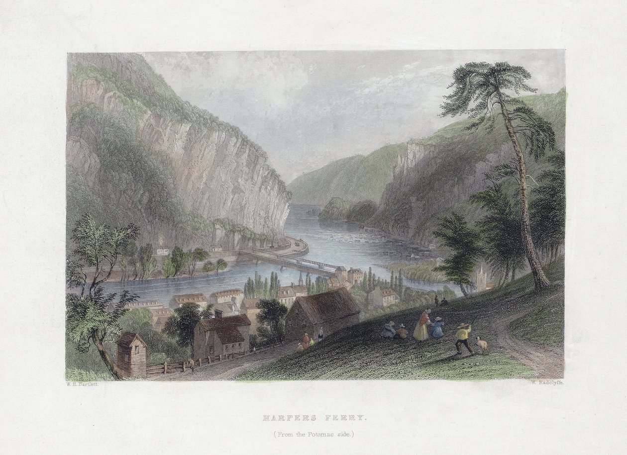 हार्पर्स फेरी (पोटोमैक की तरफ से), पब। 1839 (हाथ के रंग का उत्कीर्णन) द्वारा विलियम हेनरी बार्टलेट
