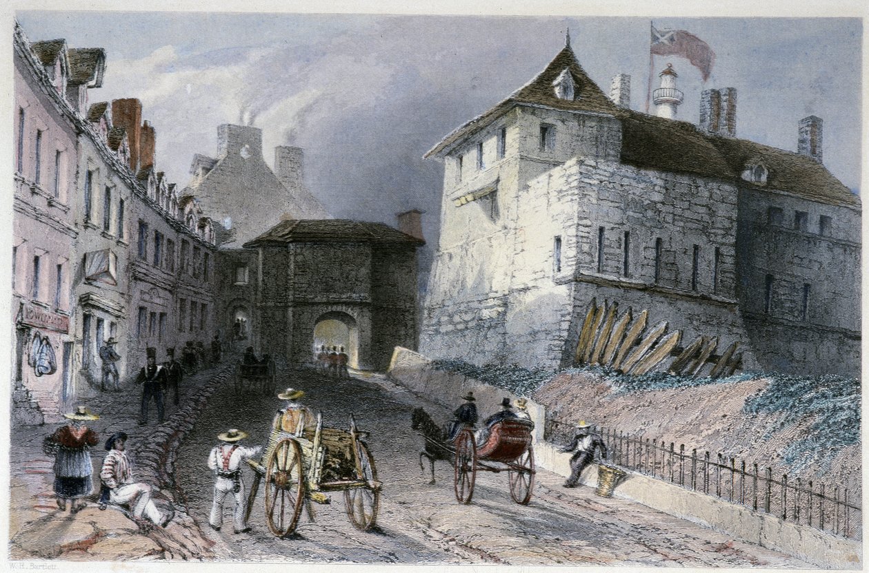 ला पोर्टे "" प्रिस्कॉट गेट"" क्यूबेक सिटी, कनाडा में - विलियम हेनरी बारलेट द्वारा "" कैनेडियन सीनरी इलस्ट्रेटेड "में, एड। जॉर्ज सदाचार द्वारा विलियम हेनरी बार्टलेट