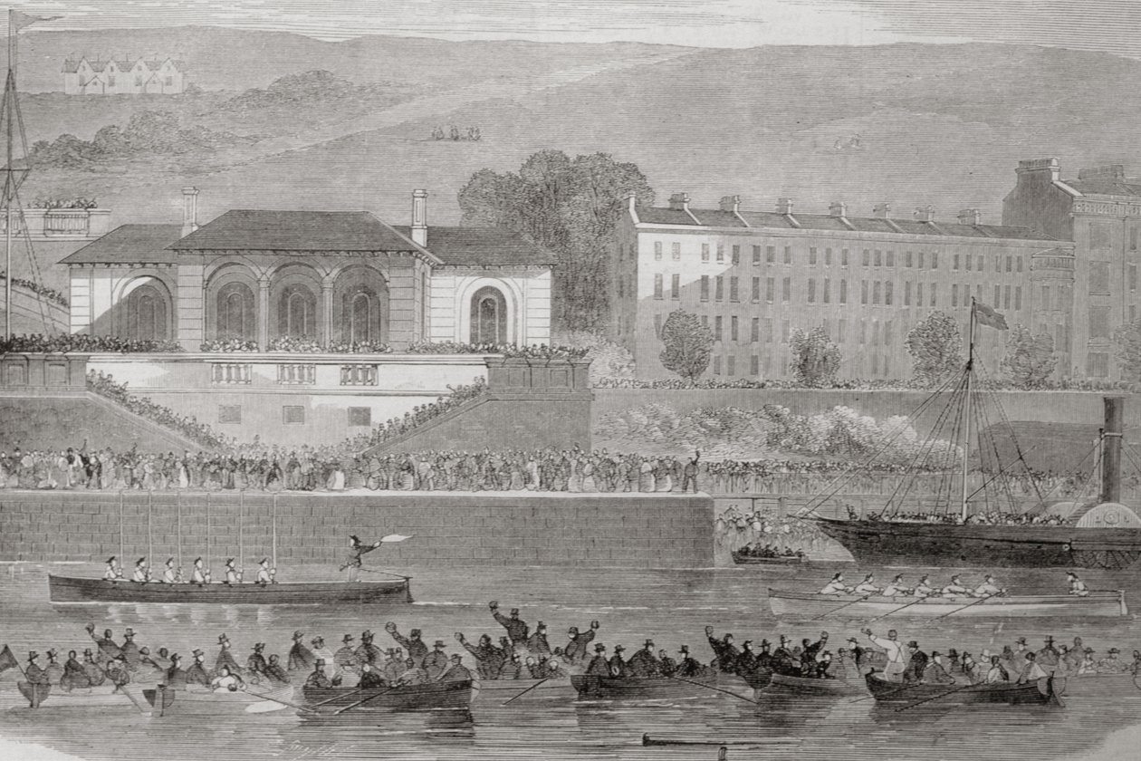 जॉर्ज पुण्य, 1860 के दशक में &39;कर्ट्स एंड एंटीक्विटीज़ ऑफ आयरलैंड&39; से, कॉर्क हार्बर, आयरलैंड में नौसेना नाव रेस द्वारा विलियम हेनरी बार्टलेट