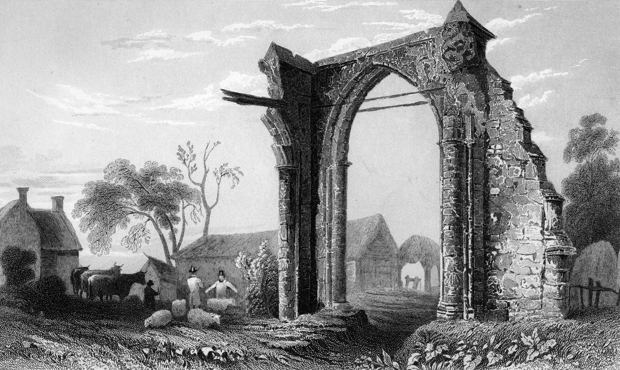 1832 में विलियम टॉम्बलसन द्वारा उत्कीर्ण ब्यानेक्रे प्रोरी, एसेक्स के अवशेष द्वारा विलियम हेनरी बार्टलेट