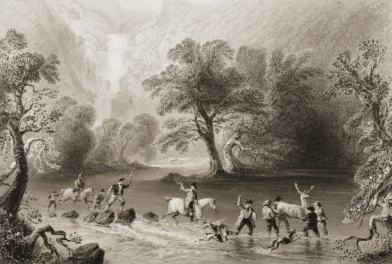जॉर्ज पुण्य, 1860 के दशक में &39;आयरलैंड के दृश्य और प्राचीन वस्तुएँ&39; से डेरीकुन्नी कैस्केड, काउंटी केरी, आयरलैंड के पास एक स्टैग लेना द्वारा विलियम हेनरी बार्टलेट