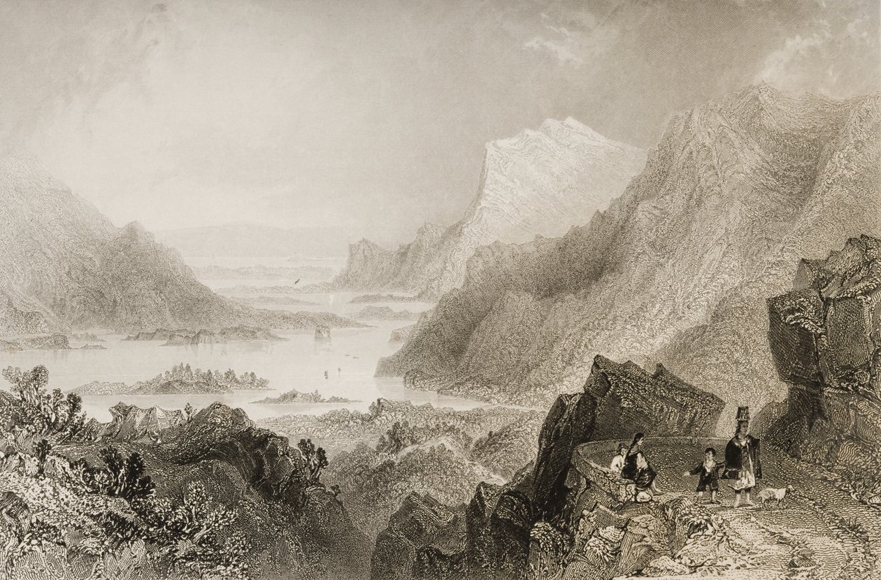 जार्ज पुण्येय, 1860 के दशक में केनमारे रोड, काउंटी किलरनी से &39;किल्स एंड एंटीक्विटीज ऑफ आयरलैंड&39; से किलार्नी का दृष्टिकोण द्वारा विलियम हेनरी बार्टलेट