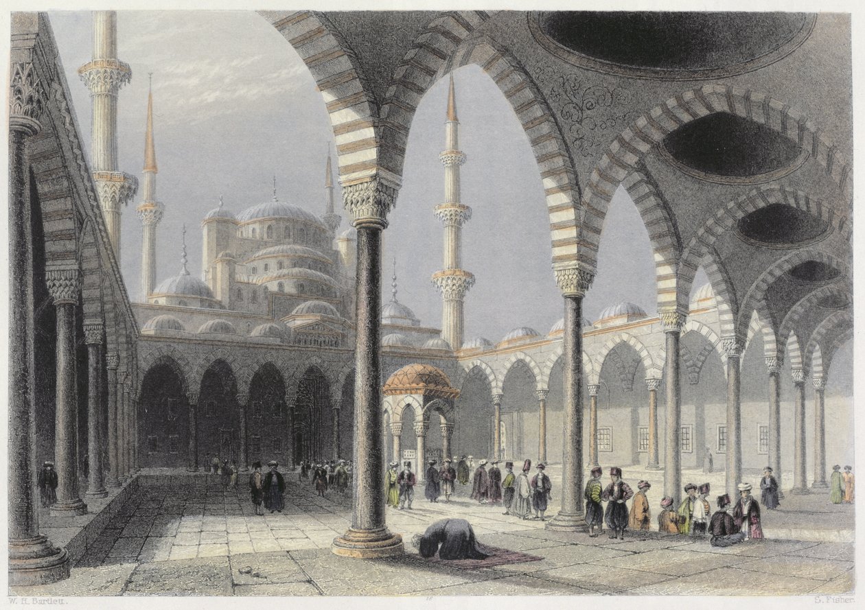 एस। फिशर, c.1850 (एक्वाटिंट) द्वारा उत्कीर्ण इस्तांबुल की मस्जिद सुल्तान अचमेट की अदालत द्वारा विलियम हेनरी बार्टलेट
