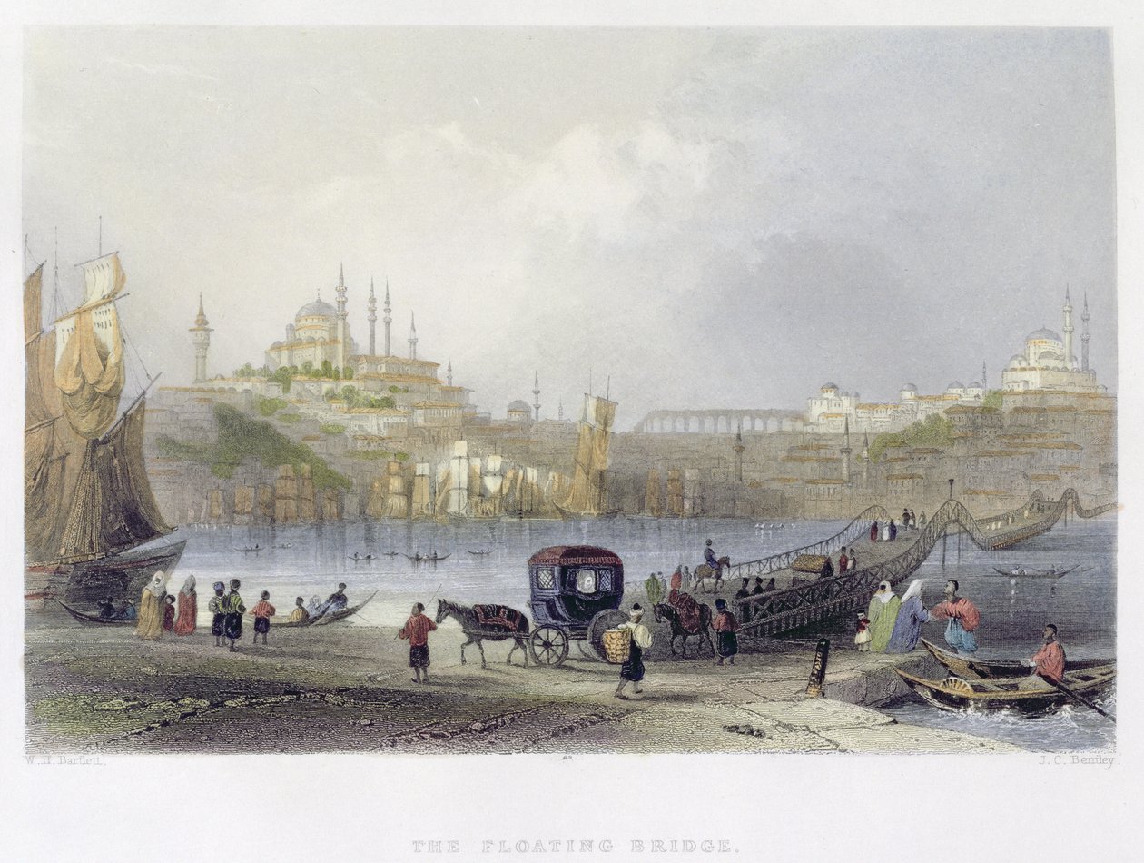 फ्लोटिंग ब्रिज, इस्तांबुल, जेसी बेंटले द्वारा उत्कीर्ण, c.1850 (एक्वाटिंट) द्वारा विलियम हेनरी बार्टलेट