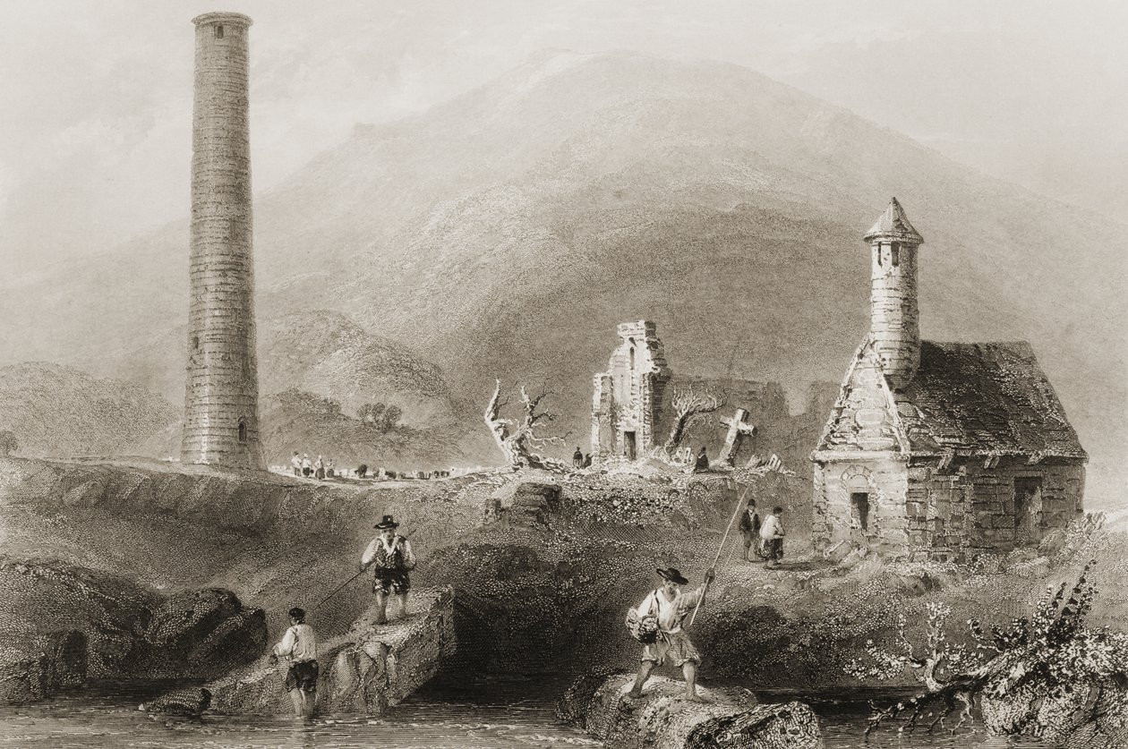 जार्ज पुण्येय द्वारा 1860 के दशक में ग्लैंडलफ, काउंटी विकलो, आयरलैंड के खंडहर, &39;आयरलैंड के दृश्य और प्राचीन वस्तुएँ&39; द्वारा विलियम हेनरी बार्टलेट