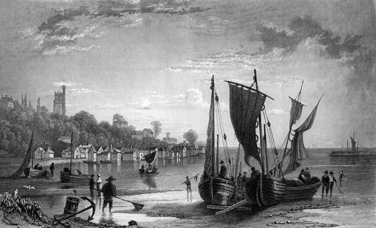 साउथेंड, एसेक्स के पास, लेह का गांव, चार्ल्स मोटरम द्वारा उत्कीर्ण, 1833 द्वारा विलियम हेनरी बार्टलेट