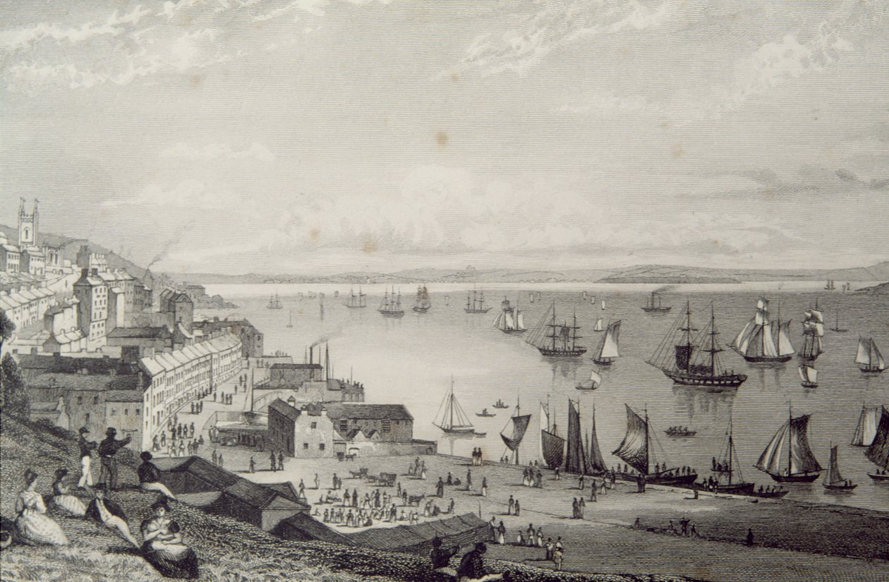 1830 के दशक में रोस्टेलन, काउंटी कॉर्क, आयरलैंड की ओर कोब हार्बर का दृश्य, जॉर्ज पुण्य, 1860 के दशक के &39;दृश्य और प्राचीन वस्तुएँ&39; द्वारा विलियम हेनरी बार्टलेट