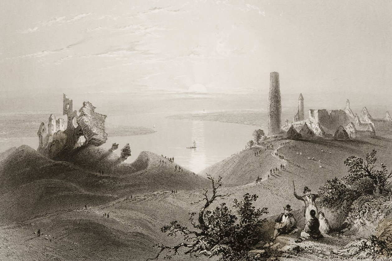 जॉर्ज पुण्य, 1860 के दशक में &39;क्लोअमेकानोइस के सेवेन चर्च&39;, काउंटी ऑफली, आयरलैंड के दृश्य और आयरलैंड के दृश्य और प्राचीन वस्तुएँ द्वारा विलियम हेनरी बार्टलेट