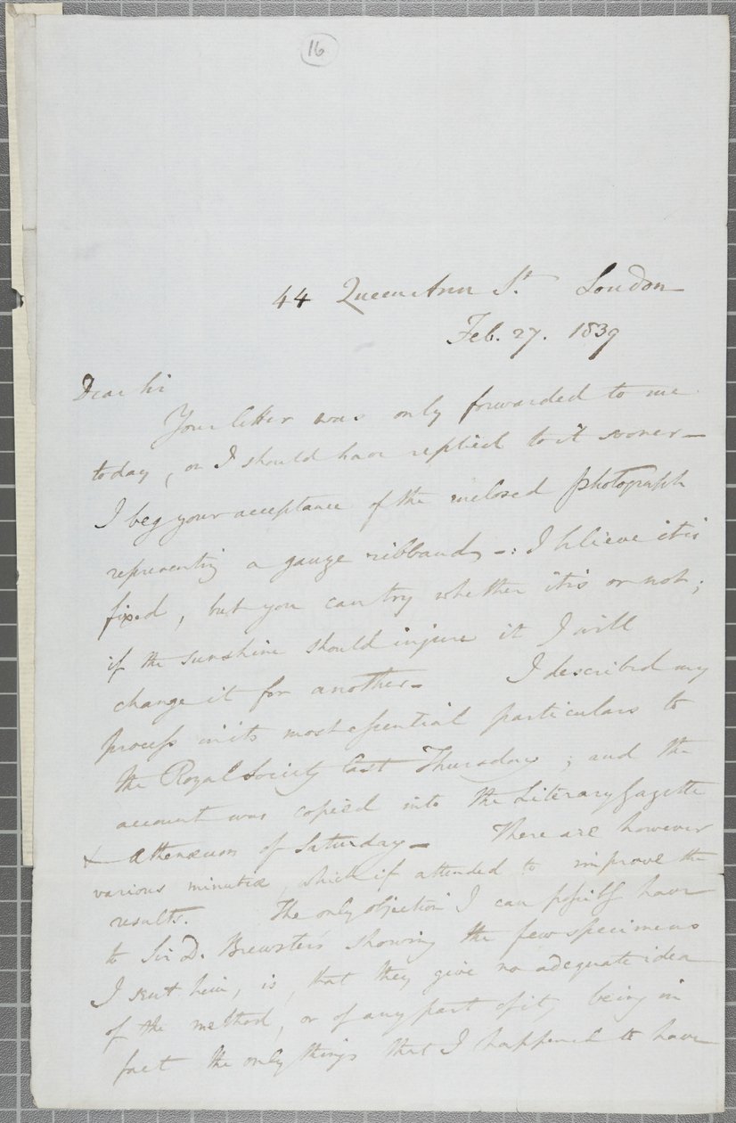 विलियम हेनरी फॉक्स टैलबोट से जेम्स डेविड फोर्ब्स, 1839 तक हस्ताक्षरित पत्र द्वारा विलियम हेनरी फॉक्स टैलबोट