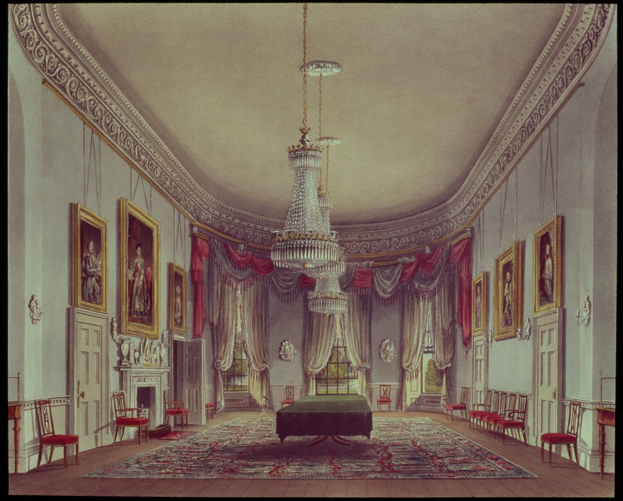 डाइनिंग रूम, 1818 में Pyne के &39;रॉयल रेजिडेंस&39; से Frogmore द्वारा विलियम हेनरी Pyne