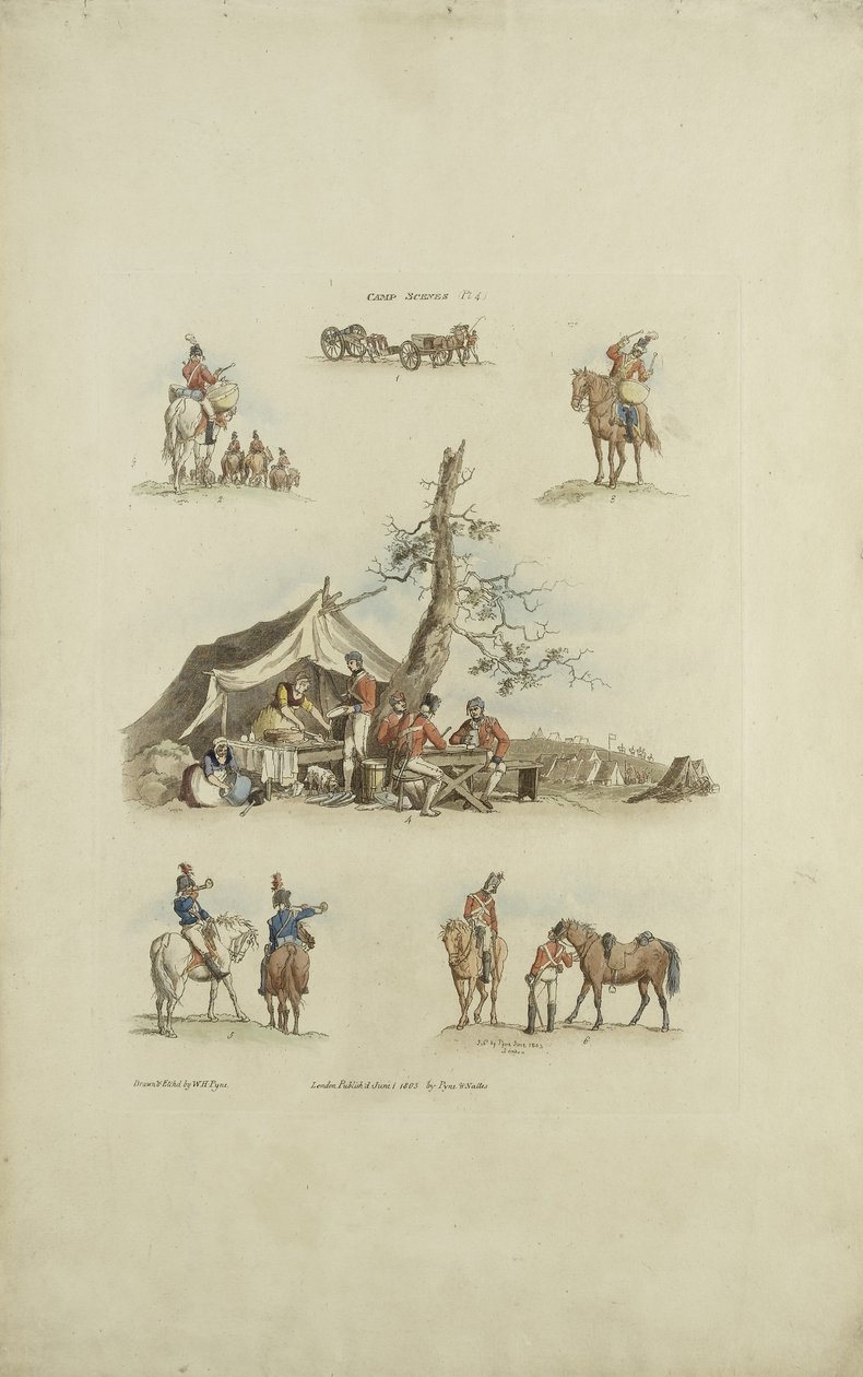 शिविर के दृश्य, 1803 (रंगीन नक़्क़ाशी) द्वारा Pyne के बाद विलियम हेनरी
