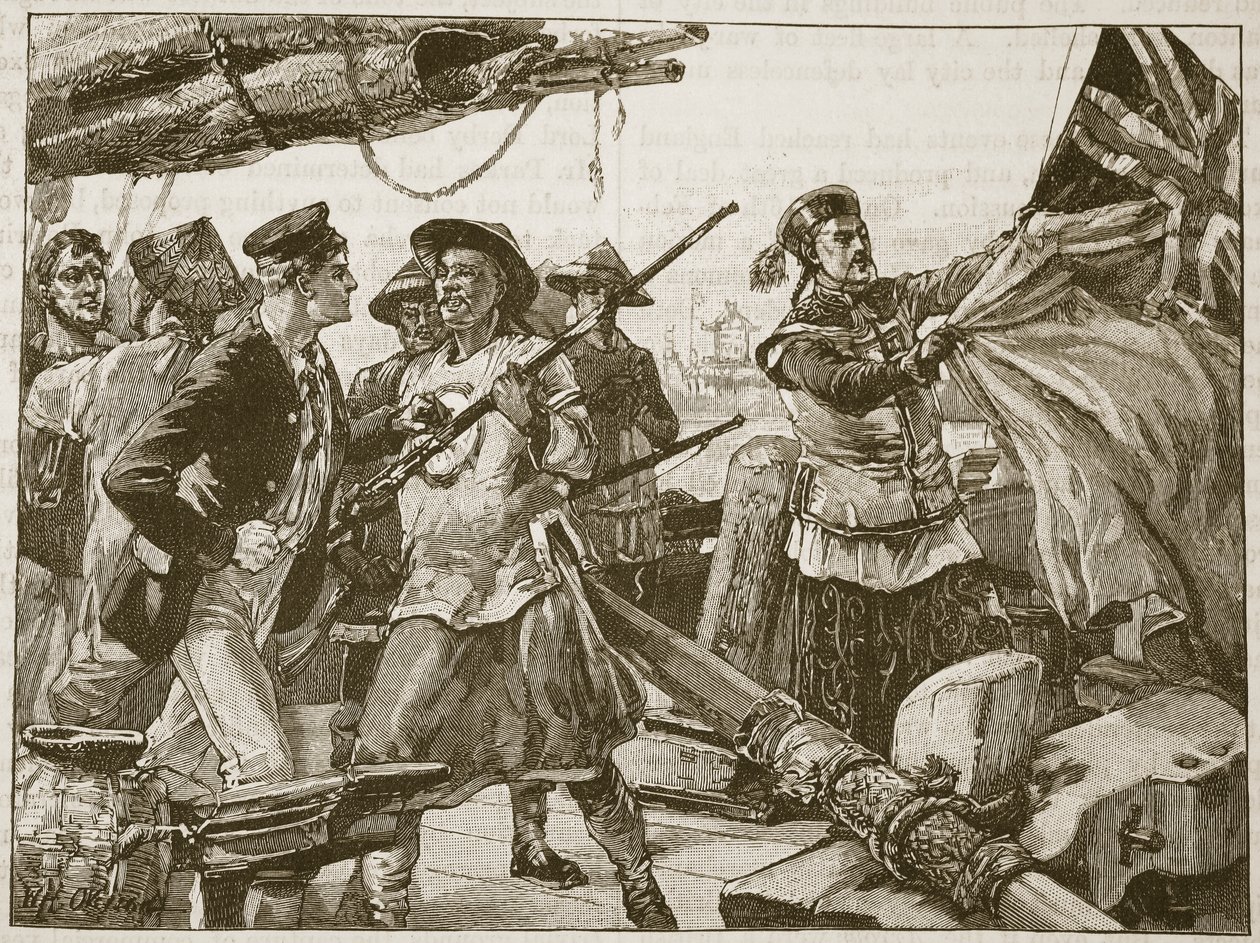 8 अक्टूबर, 1856 को &39;एरो&39; पर ब्रिटिश ध्वज फहराने वाले चीनी अधिकारी, &39;कासेल इलस्ट्रेटेड हिस्ट्री ऑफ इंग्लैंड&39; का चित्रण (सीपिया फोटो) द्वारा विलियम हेशम ओवरेंड