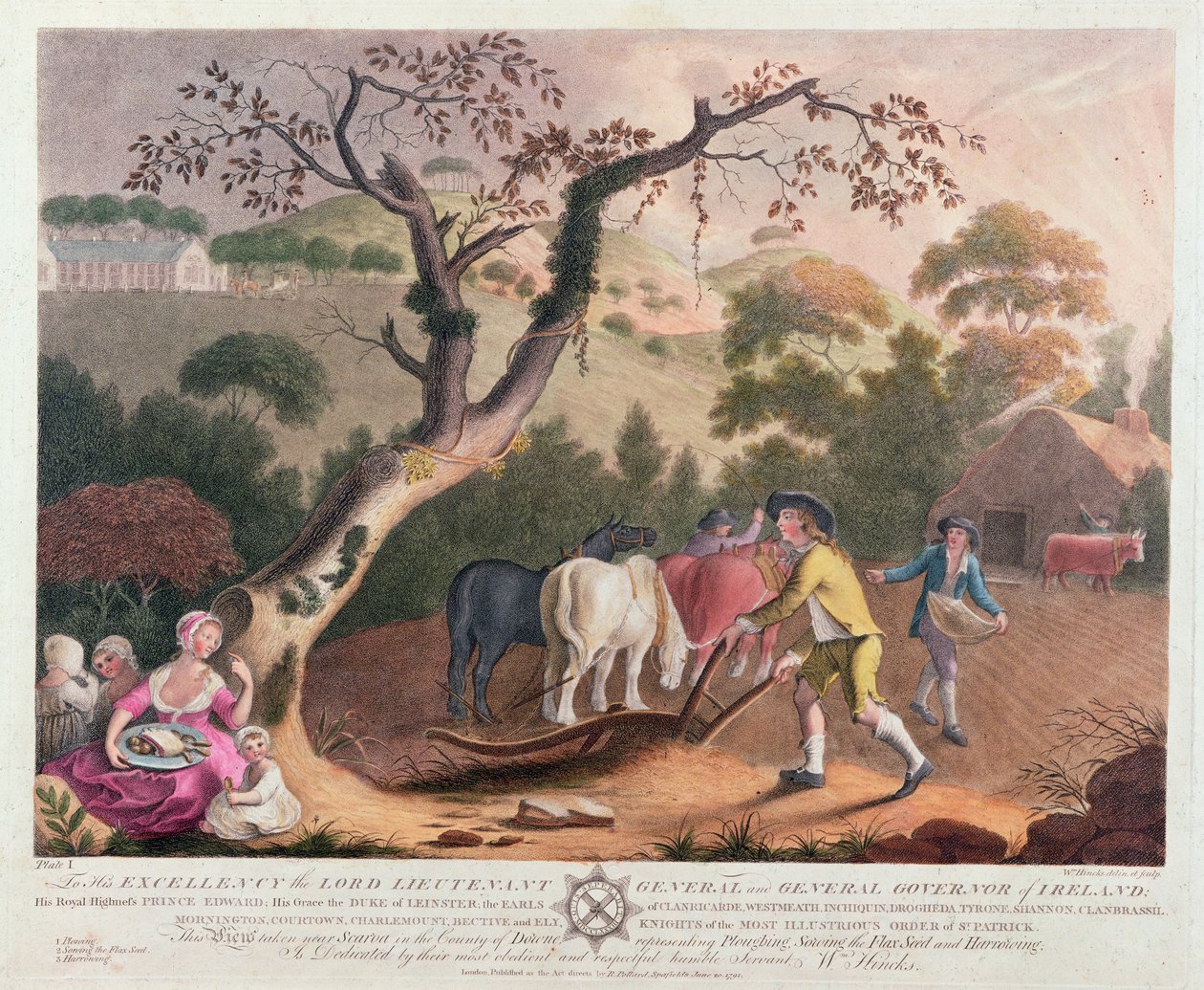 जुताई, बीज बोने और हैरोइंग का दृश्य, 1791 द्वारा विलियम हिंक्स
