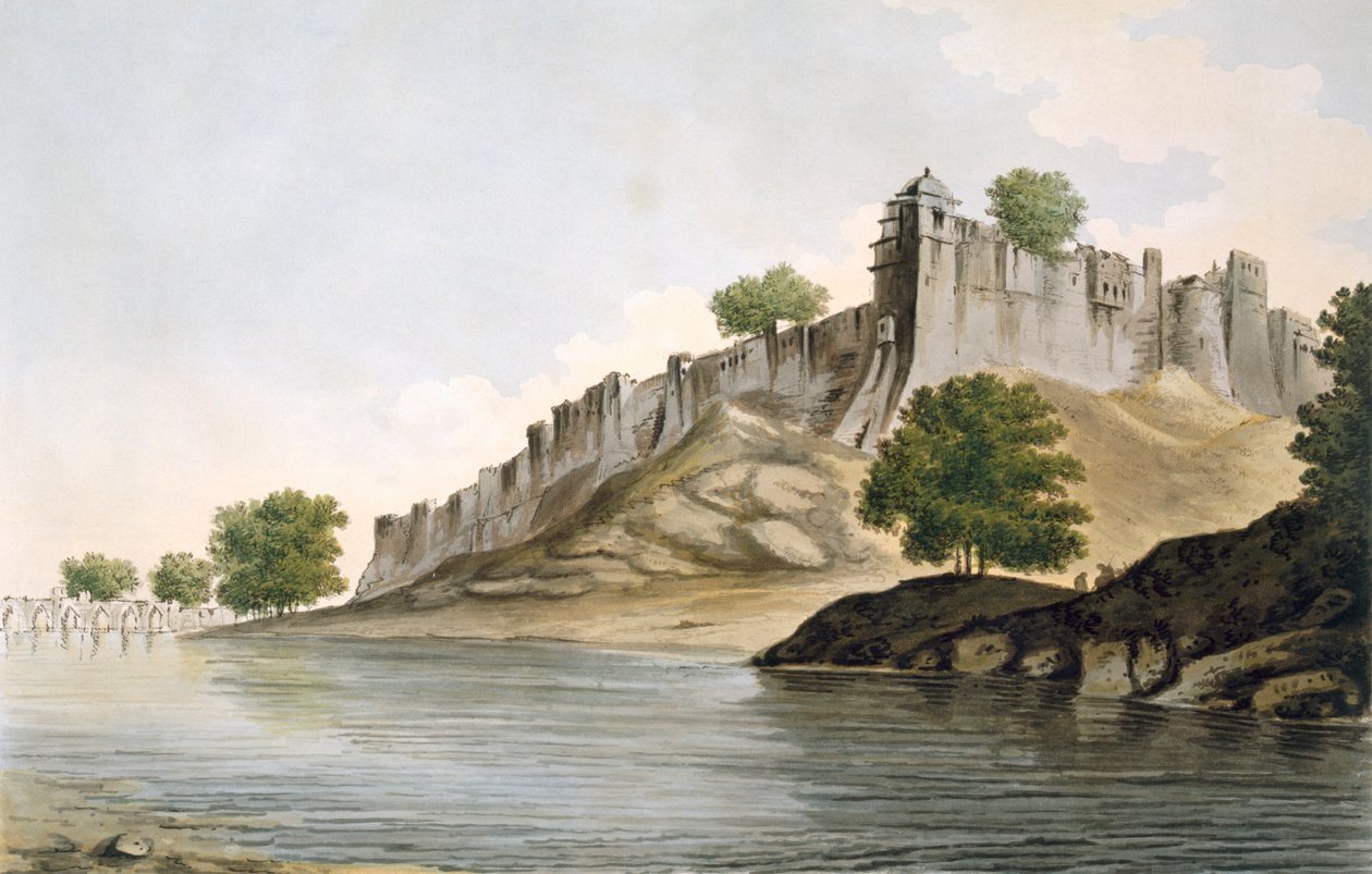गोम्टी नदी के तट पर इलियनपुर के किले का एक दृश्य, पब। 1785-88। द्वारा विलियम होजेस