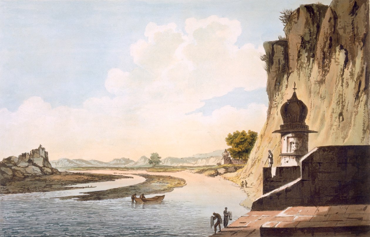 जमुना नदी के तट पर इटावा में गौत का एक दृश्य, पब। 1785-88। द्वारा विलियम होजेस
