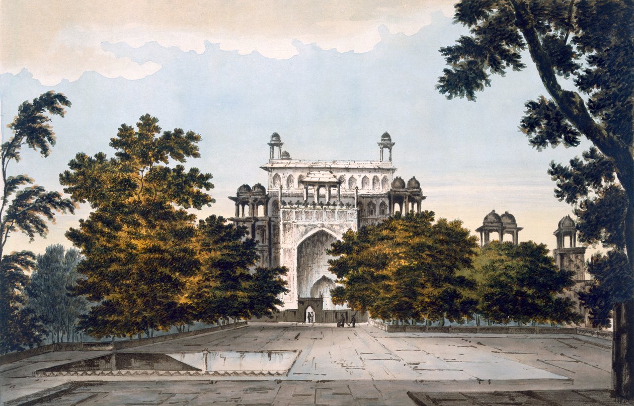 सिकंदराबाद के सम्राट अकबर के मकबरे के हिस्से का एक दृश्य, 1785-88 (रंगीन जलीय) द्वारा विलियम होजेस
