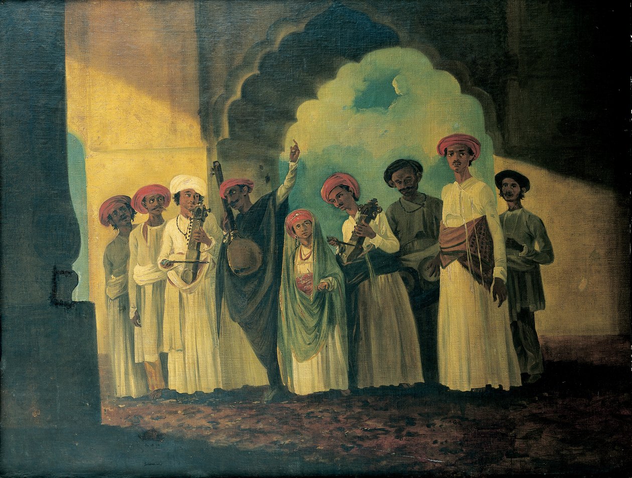 भारतीय संगीतकारों का समूह एक सारंगी, एक तंबूरा और तबला बजाता हुआ, जिसमें एक लड़की छत पर नाचती है द्वारा विलियम होजेस