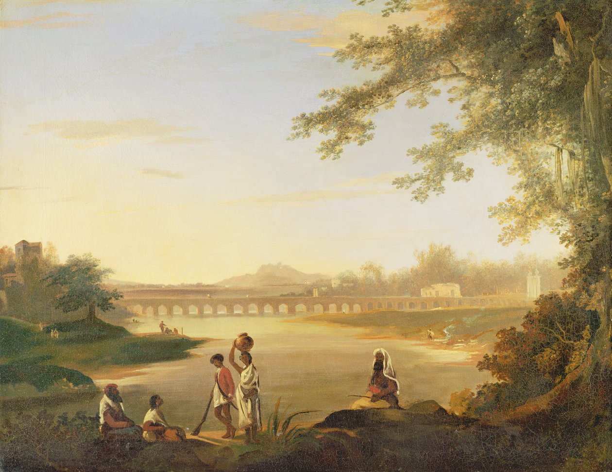 फोरमग्राउंड में एक सिपाही और मूल निवासी के साथ मारमालोंग ब्रिज, c.1783 द्वारा विलियम होजेस