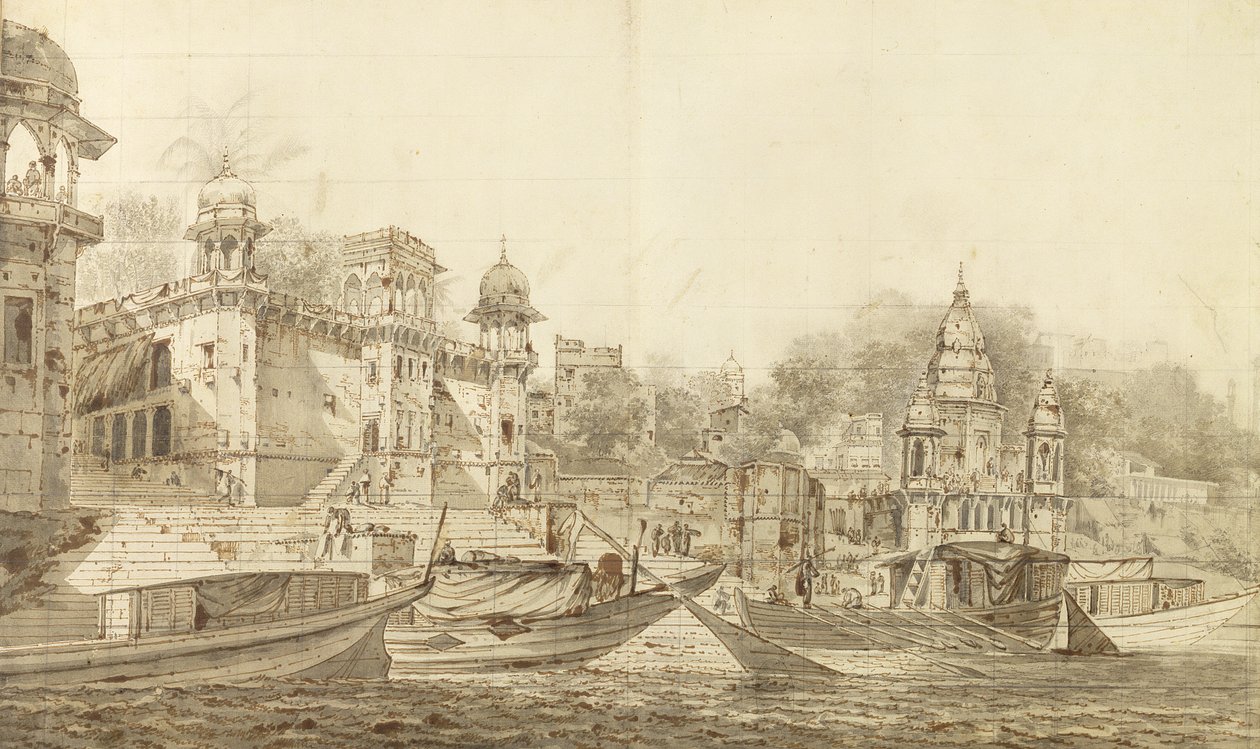 बनारस शहर का एक भाग का दृश्य, c.1781 (वॉश माउंट पर रखे कागज पर पेंसिल से ब्रश की स्याही से ग्रे वॉश) द्वारा विलियम होजेस