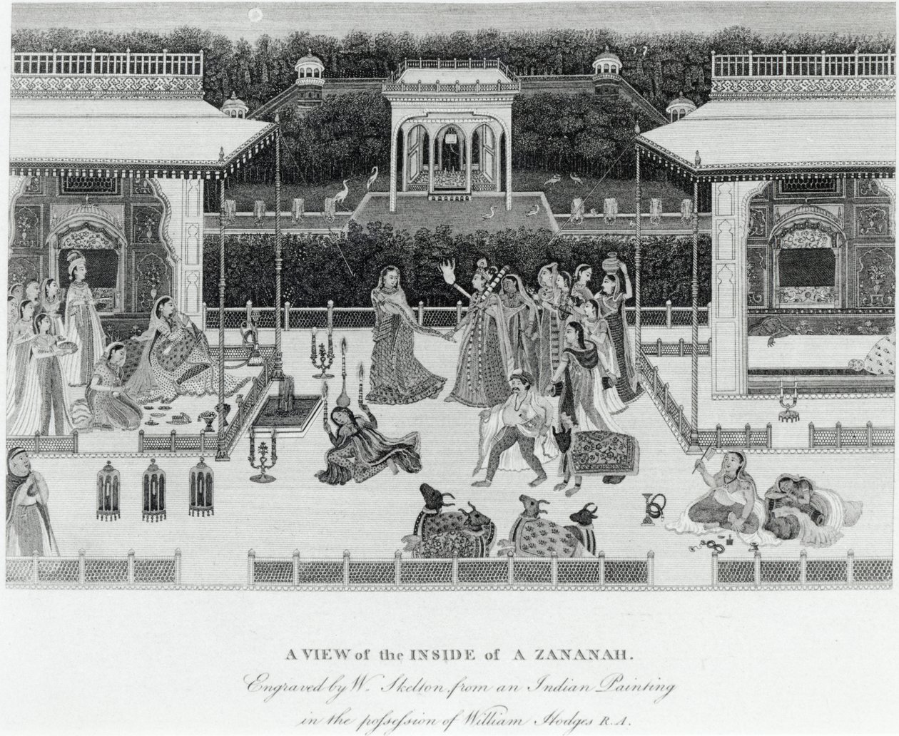 विलियम स्केटन (1763-1848) द्वारा उत्कीर्ण एक ज़ाना के अंदर का दृश्य द्वारा विलियम होजेस