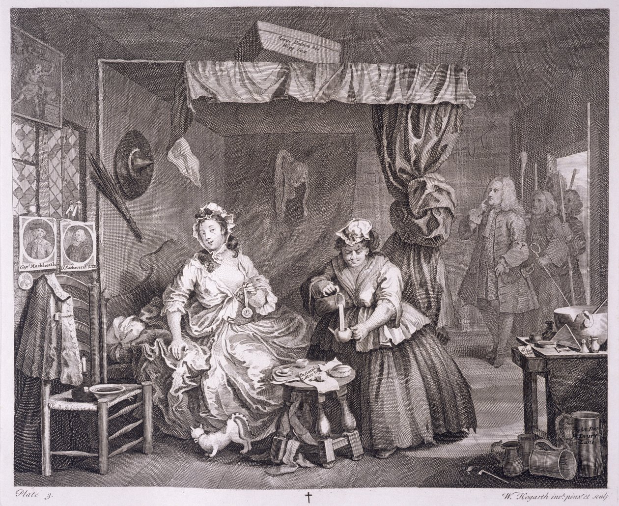 लंदन में 1820-22 में प्रकाशित &39;द ओरिजिनल एंड जेनुइन वर्क्स ऑफ विलियम हॉगर्थ&39; से एक हार्लॉट प्रोग्रेस, प्लेट III द्वारा विलियम होगार्थ