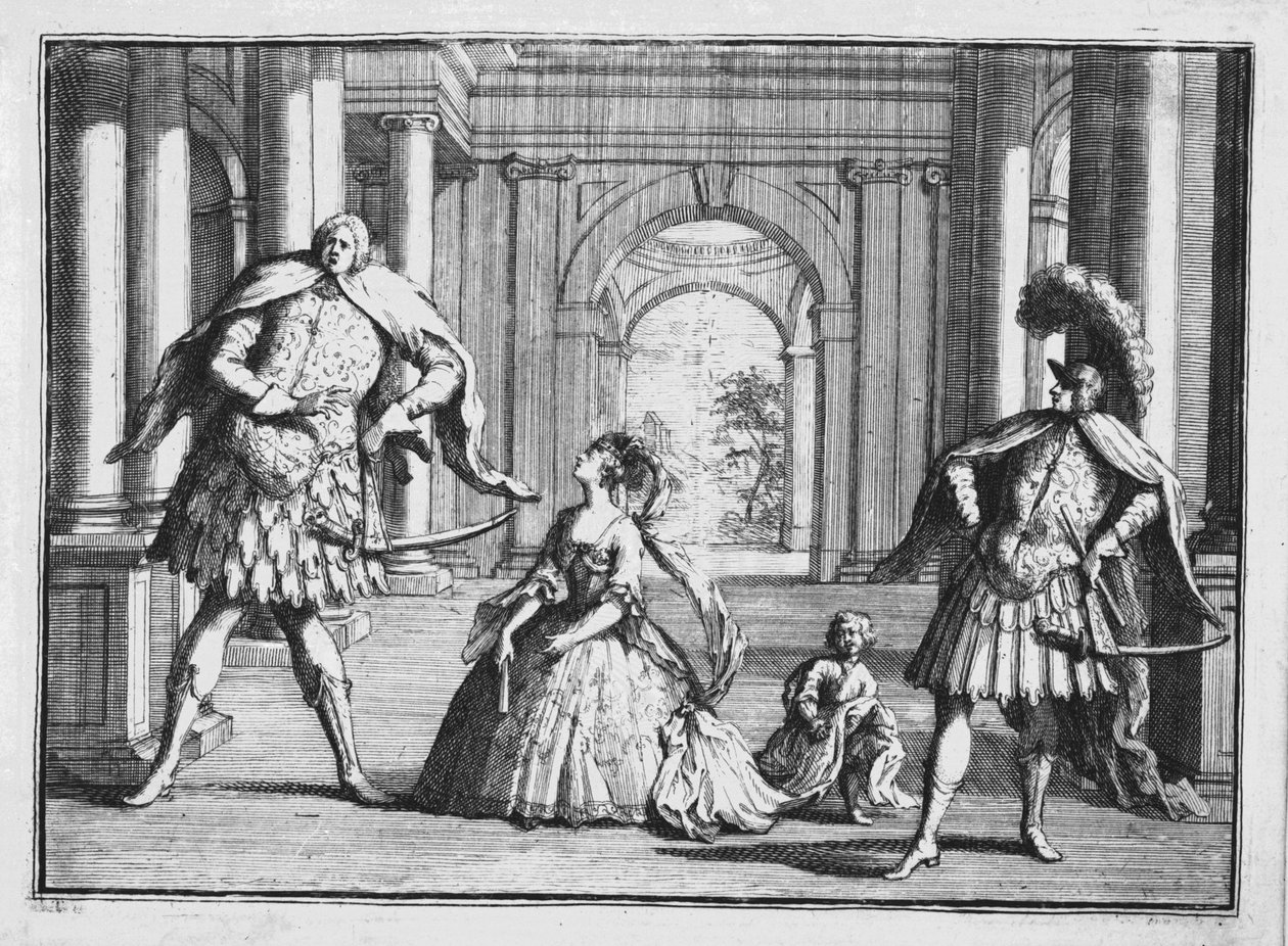 हेंडेल की &39;फ्लेवियो&39; में फारिनेली, कज़ोनी और सेन्सिनो, c.1728 द्वारा विलियम होगार्थ