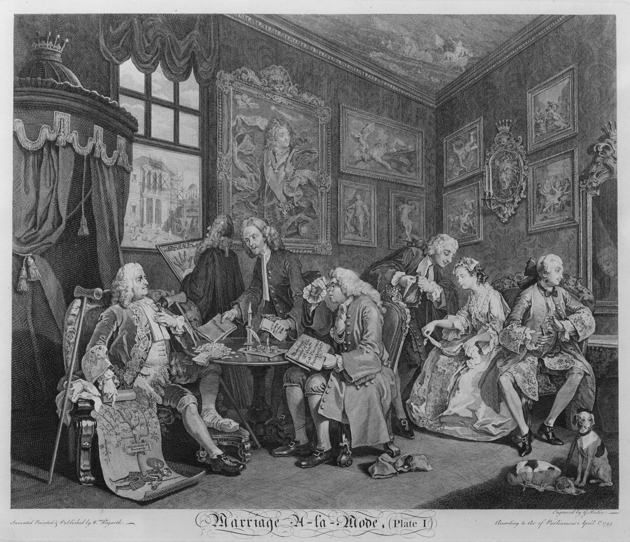 विवाह एक ला मोड, प्लेट I, द मैरिज सेटलमेंट, 1745 द्वारा विलियम होगार्थ