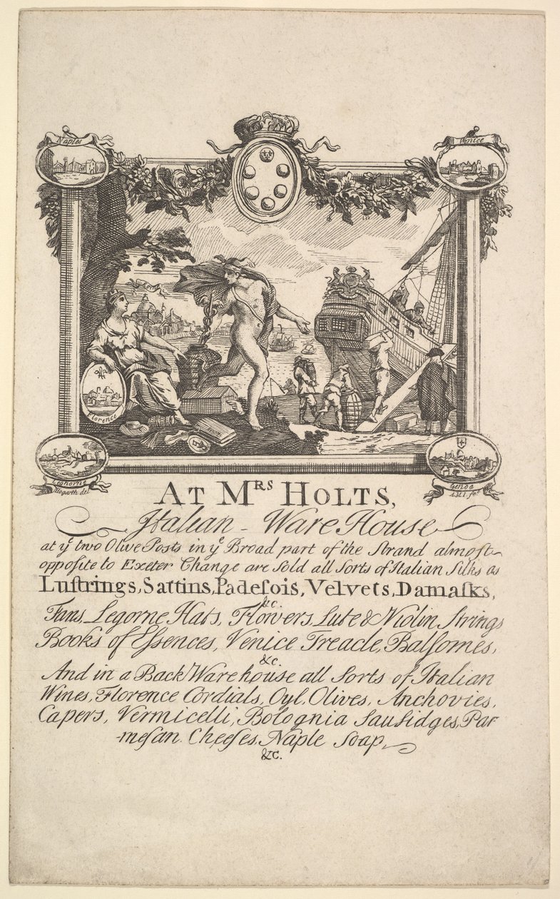 श्रीमती होल्स इतालवी वेयरहाउस के लिए दुकान कार्ड, 1720-72। द्वारा विलियम होगार्थ