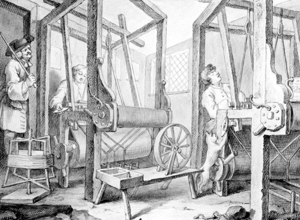 उनके लूम्स में फेलो प्रेंटिस इंडस्ट्रीज़ एंड आइडलिटी, 1747 (कागज पर वॉश, पेन और इंक और ग्रेफाइट) द्वारा विलियम होगार्थ