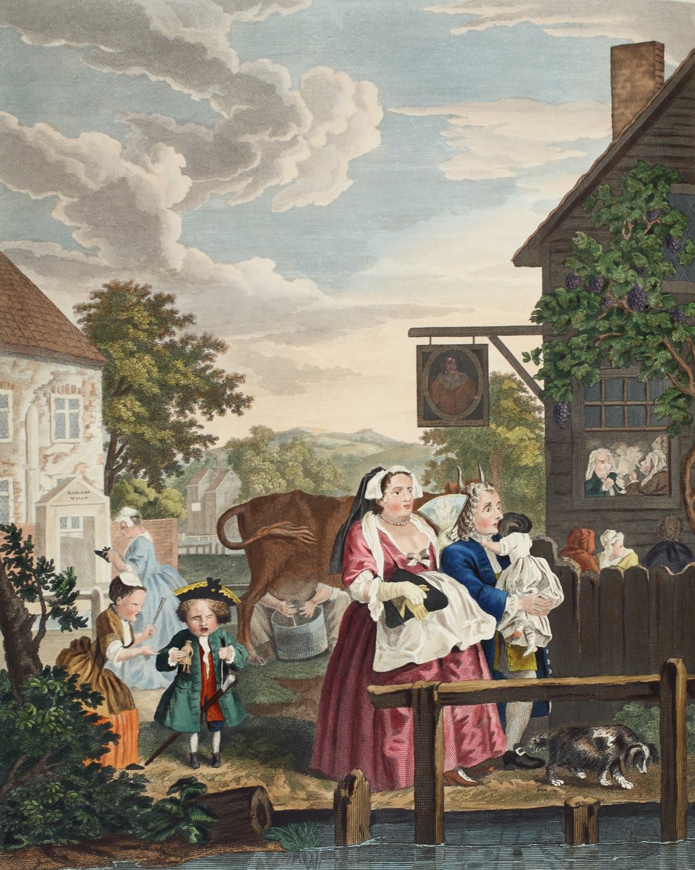 टाइम्स ऑफ द डे: इवनिंग, इलस्ट्रेशन फ्रॉम &39;हॉगर्थ रिस्टोर्ड: द होल वर्क्स ऑफ सेलिब्रेटिड विलियम हॉगर्थ, पुन: उत्कीर्ण थॉमस कुक&39;, पब 1812 (हाथ से सजी नक्काशी) द्वारा विलियम होगार्थ