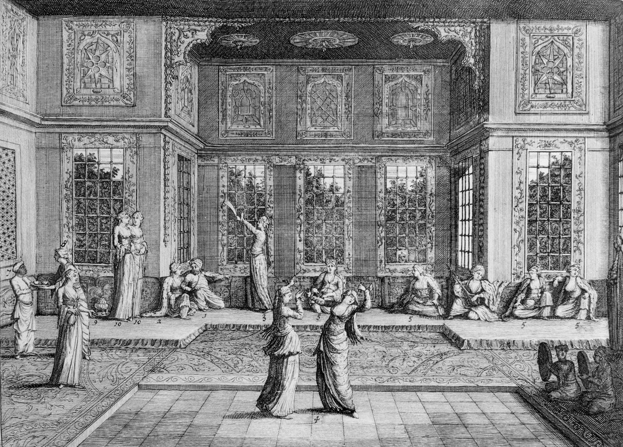 1723 में प्रकाशित &39;ट्रैवल्स ऑफ सीन ए डे ला मोट्रे, यूरोप, एशिया और अफ्रीका&39; से नृत्य करती महिलाएं द्वारा विलियम होगार्थ
