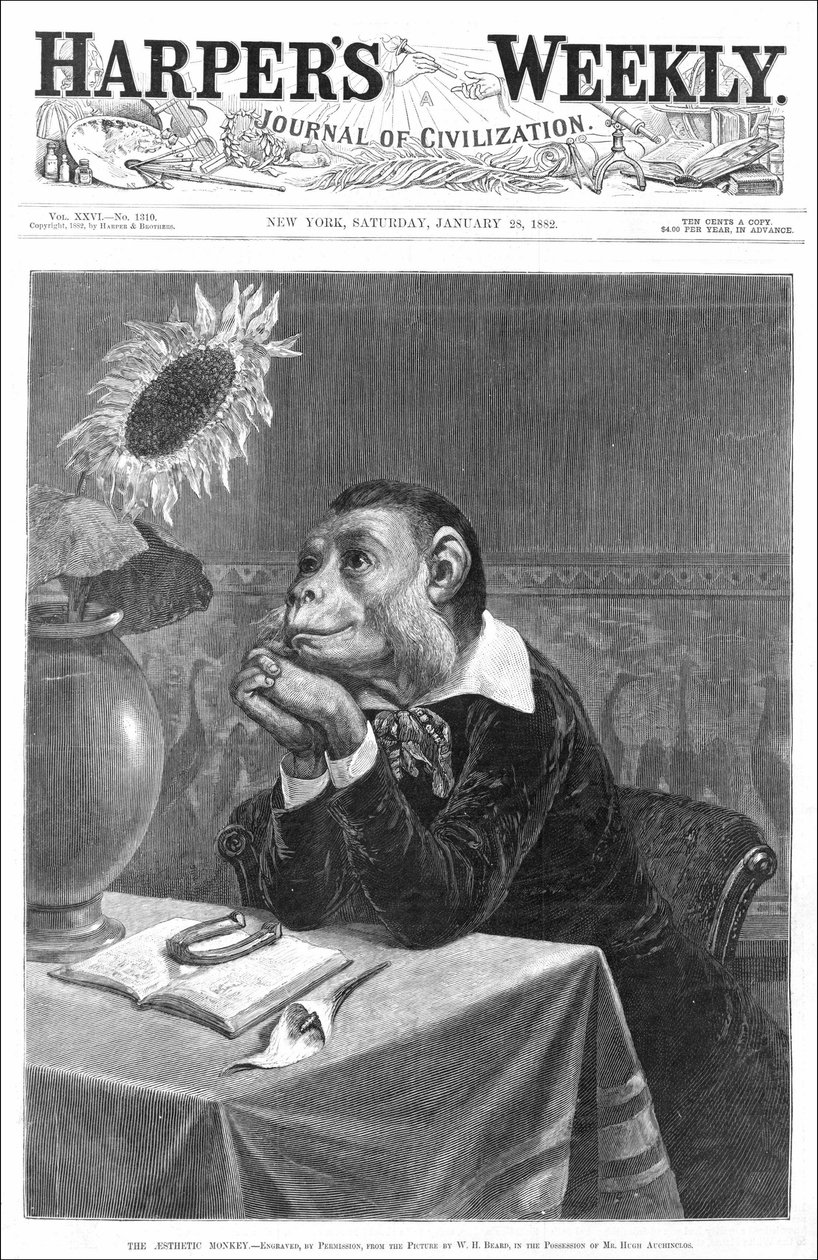 28/01/1882 से "" हार्पर साप्ताहिक "" का कवर। विलियम होलब्रुक बियर्ड (1824 - 1900) द्वारा एक मानवकृत बंदर एक फूल के बर्तन को देख रहा है। द्वारा विलियम होलब्रुक बियर्ड