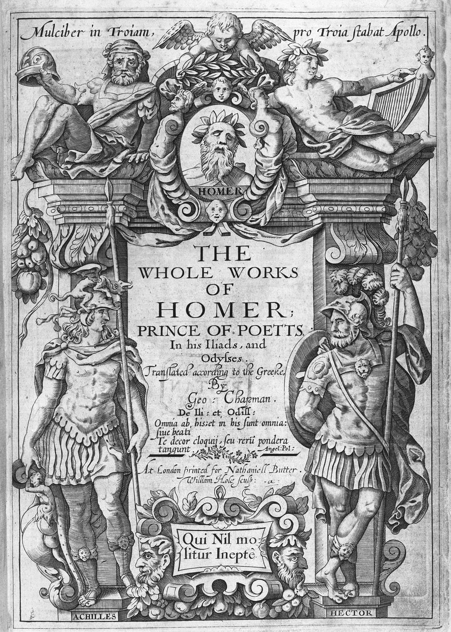 1614-16 में प्रकाशित जॉर्ज चैपमैन द्वारा अनुवादित &39;द होल वर्क्स ऑफ होमर&39; का शीर्षक पृष्ठ द्वारा विलियम होल