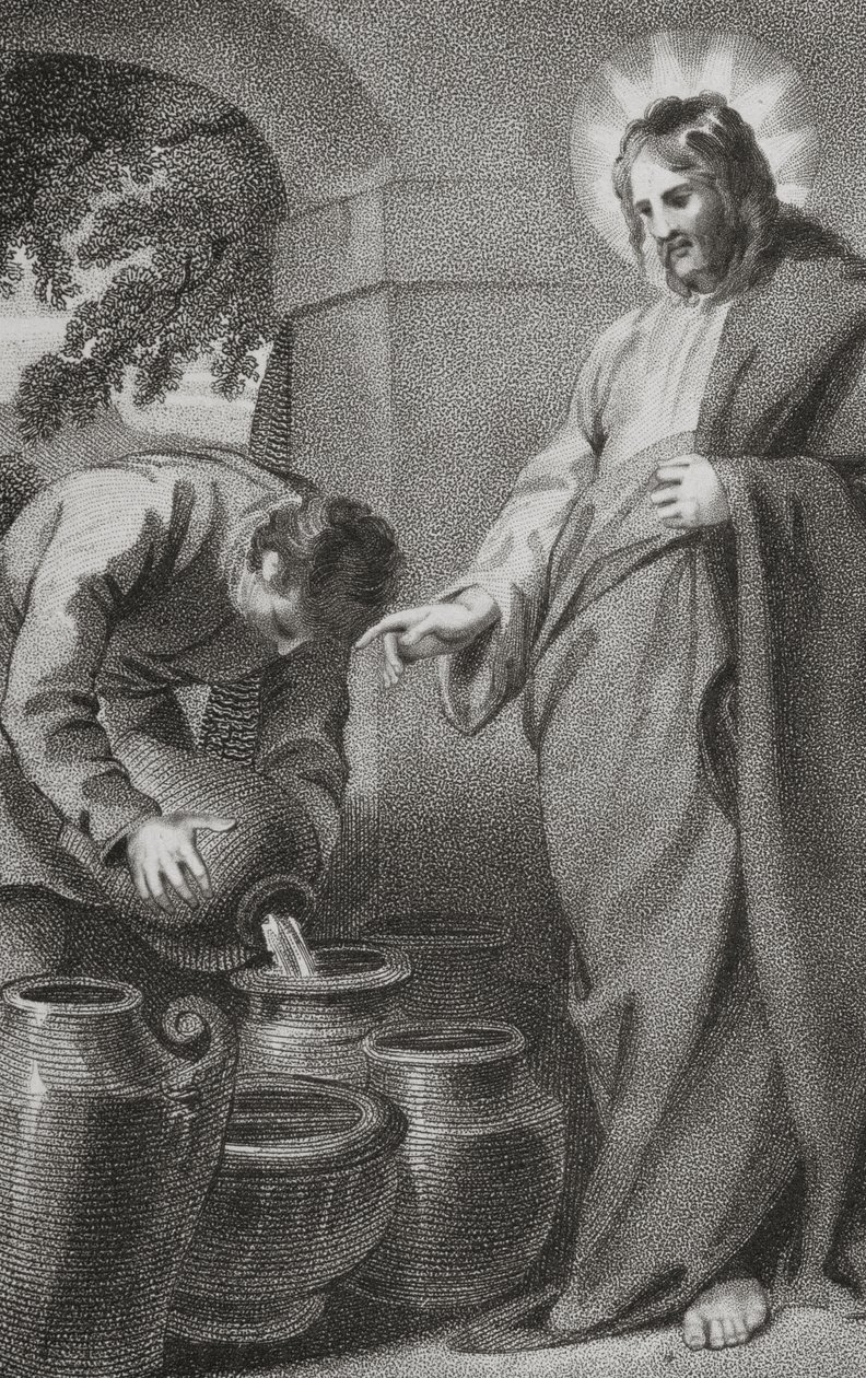 बी। क्रॉस्बी, 1808 द्वारा प्रकाशित, रेवरेंड जे। मिलनर द्वारा क्राइस्ट टर्निंग वाटर इन द वाइन, &39;द हिस्ट्री एंड लाइफ़ ऑफ़ अवर धन्य प्रभु और उद्धारकर्ता ईसा मसीह&39; द्वारा विलियम हॉपवुड