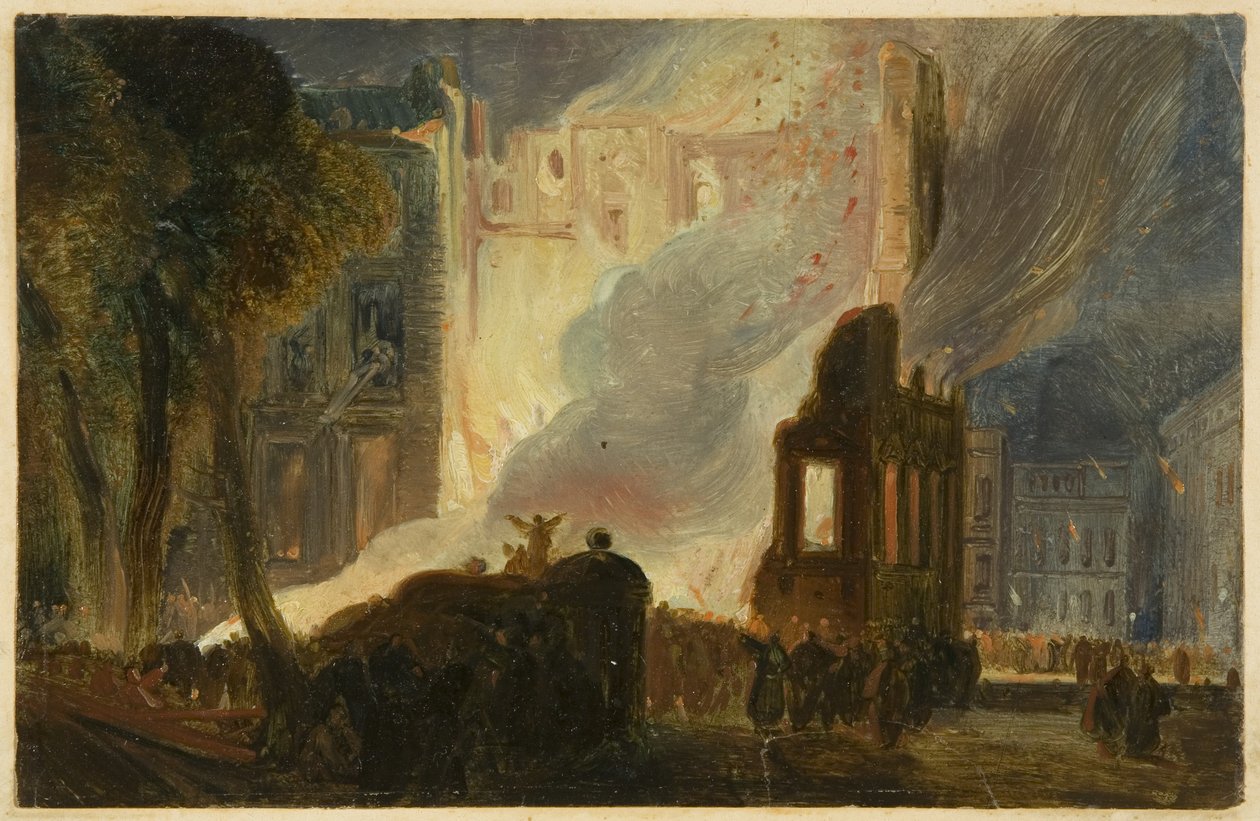 ब्रिस्टल दंगे: द बर्निंग ऑफ़ द मेन्शन हाउस, क्वीन स्क्वायर, c.1831 (कागज पर तेल) द्वारा विलियम जेम्स मुलर