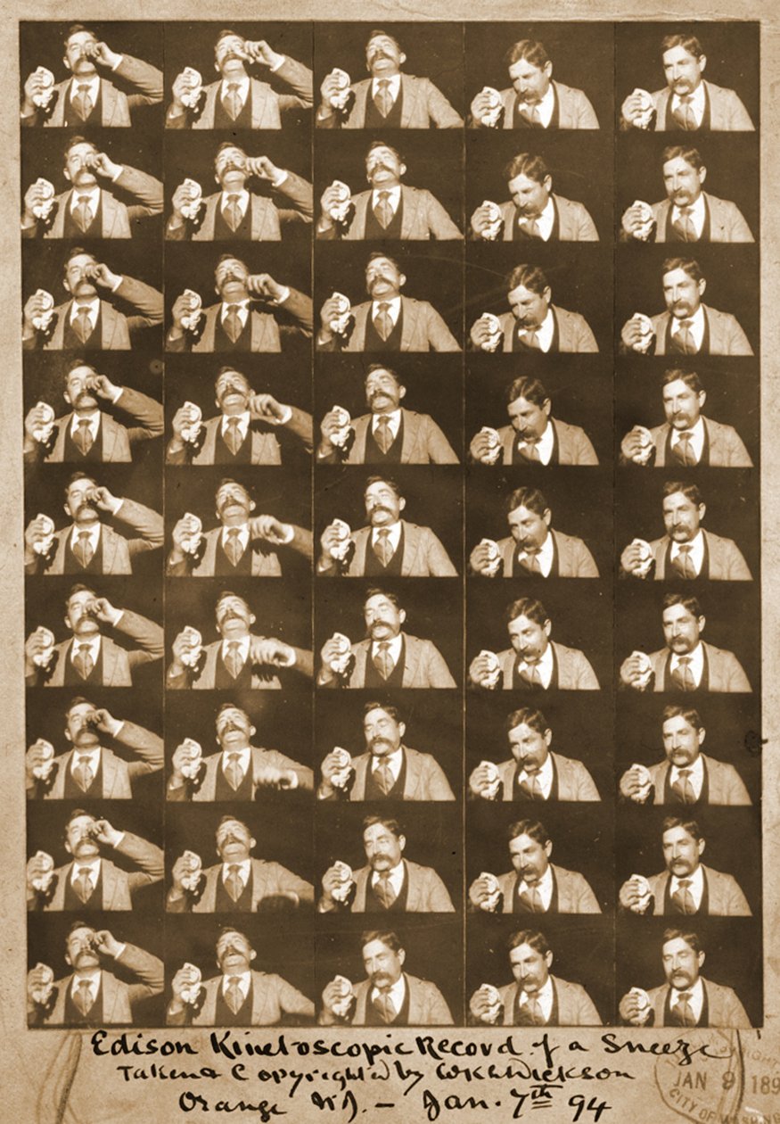 एडीसन कैनेटोस्कोपिक रिकॉर्ड एक छींक c.1894 bw फोटो द्वारा विलियम कैनेडी लॉरी डिक्सन