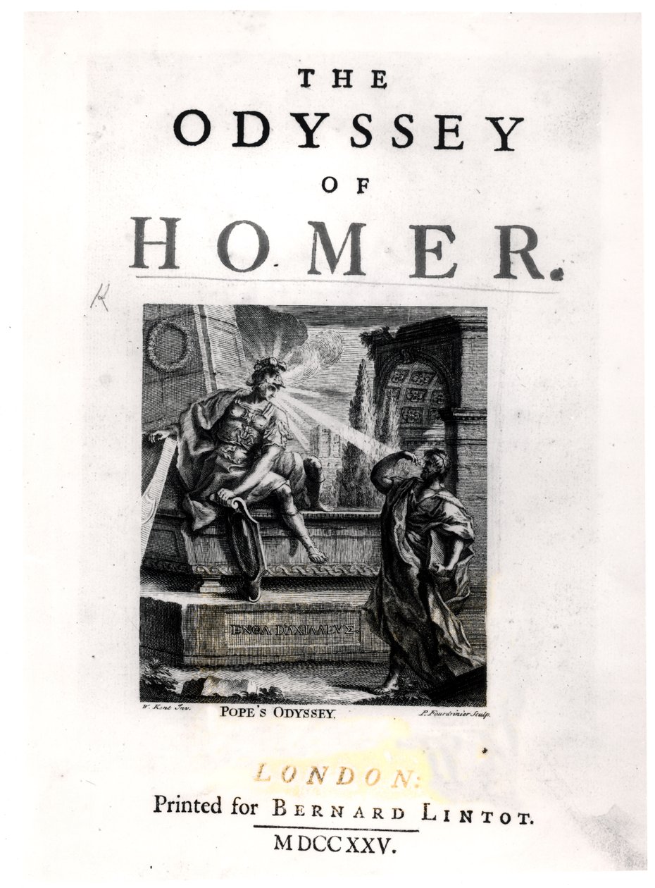 होमर द्वारा &39;द ओडिसी&39; का शीर्षक पृष्ठ, पियरे फोरड्रिनियर (fl.1720-60) द्वारा उकेरा गया द्वारा विलियम केंट