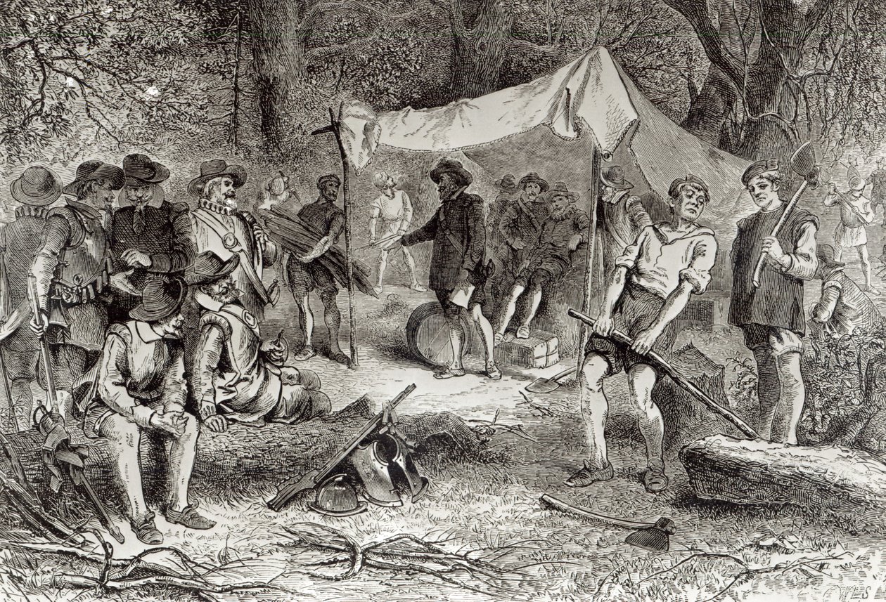ऑगस्टस एल मेसन, 1883 (उत्कीर्णन) (बंडव फोटो) द्वारा &39;द रोमांस एंड ट्रेजेडी ऑफ पायनियर लाइफ&39; से 14 मई 1607 को जेमस्टोन में पहला दिन द्वारा विलियम लुडलो शेपर्ड