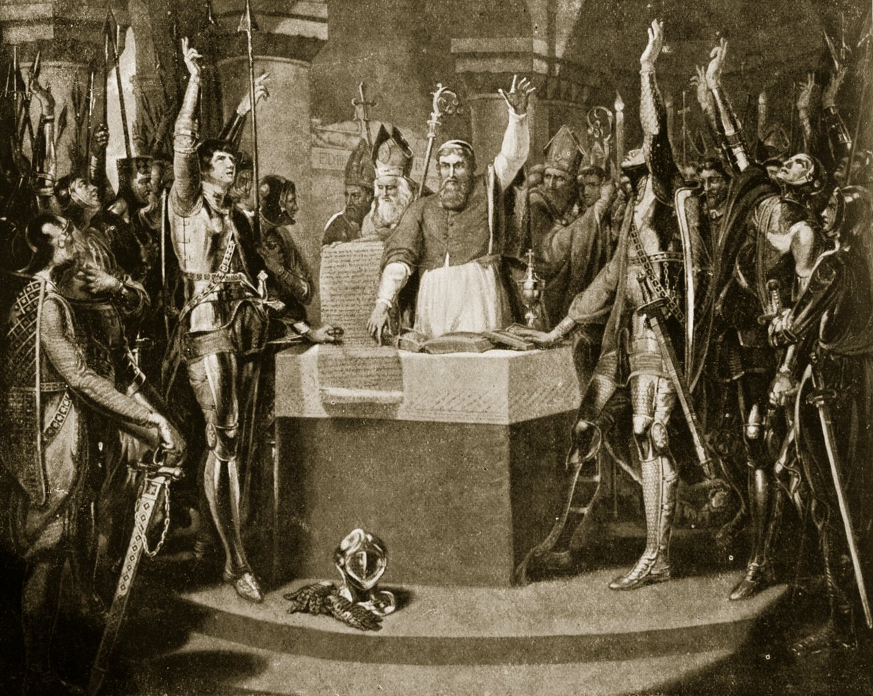 बैरन्स की शपथ, 1214, हचिन्सन स्टोरी ऑफ़ द ब्रिटिश नेशन का चित्रण, c.1920 द्वारा विलियम मार्टिन