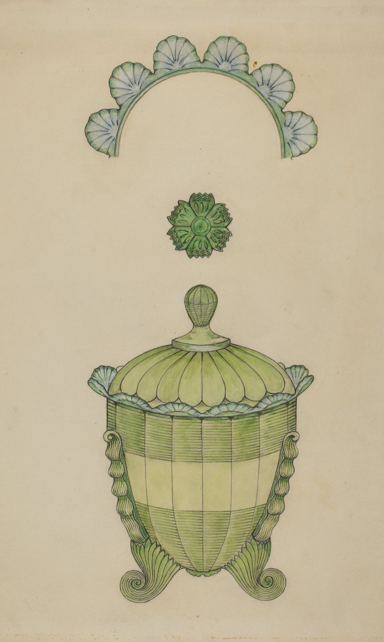 कवर्ड ग्लास शुगर बाउल, 1936। द्वारा विलियम मैकॉले