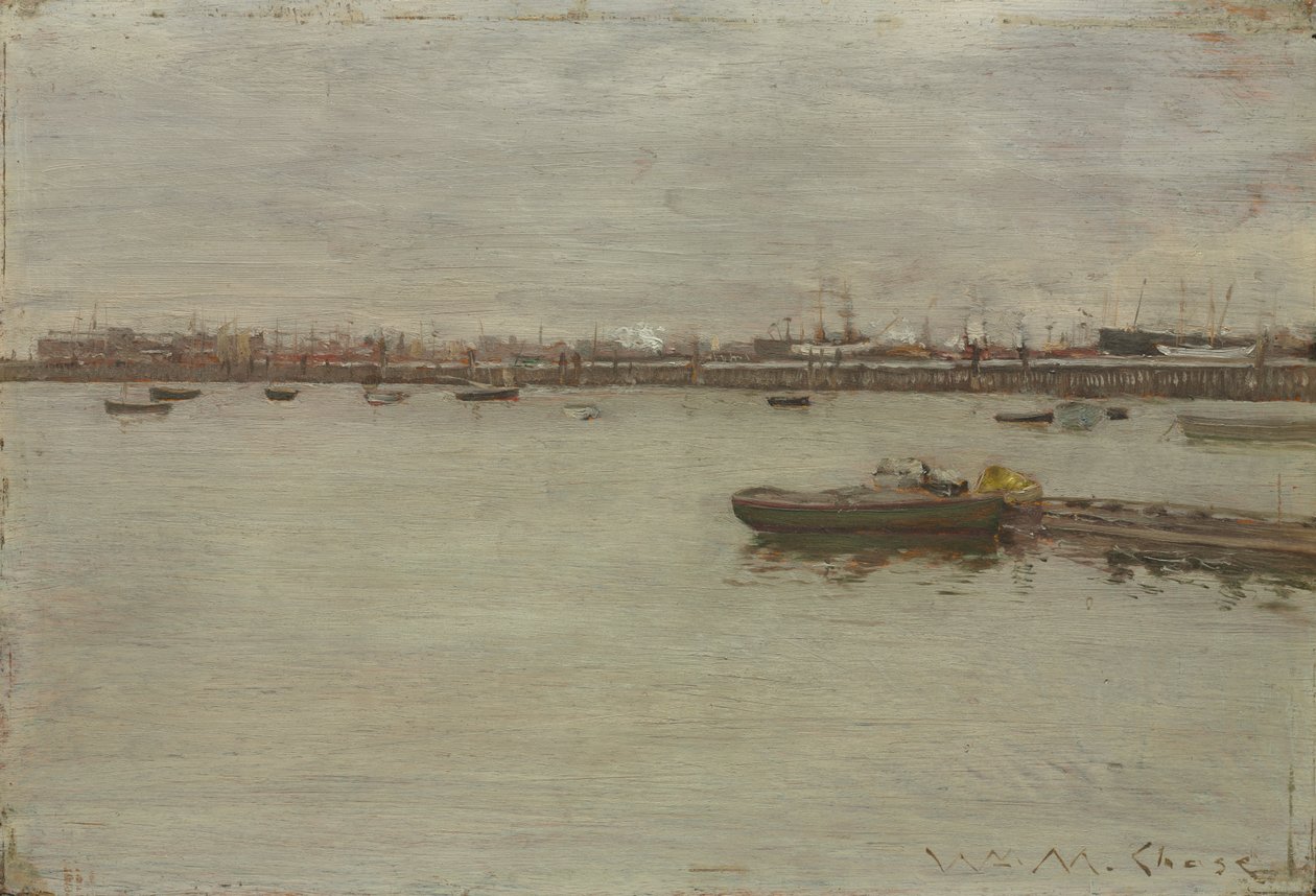 खाड़ी पर ग्रे दिवस, c.1886 (लकड़ी पर तेल) द्वारा विलियम मेरिट चेज़