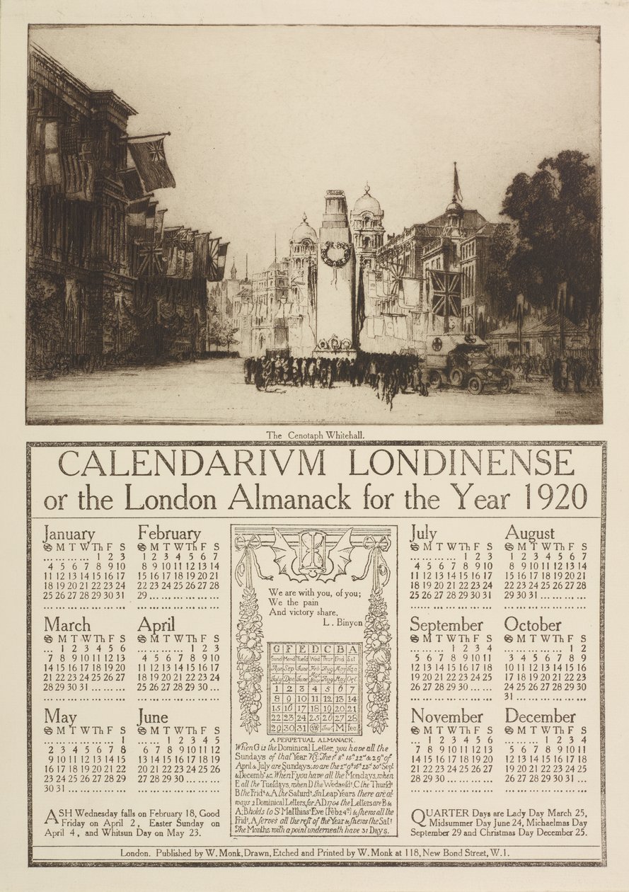 1920 के लिए कैलेंडरियम लॉन्डिनेंस या लंदन पंचांग, सेनोटाफ, व्हाइटहॉल, 1919 का दृश्य द्वारा विलियम मॉन्क