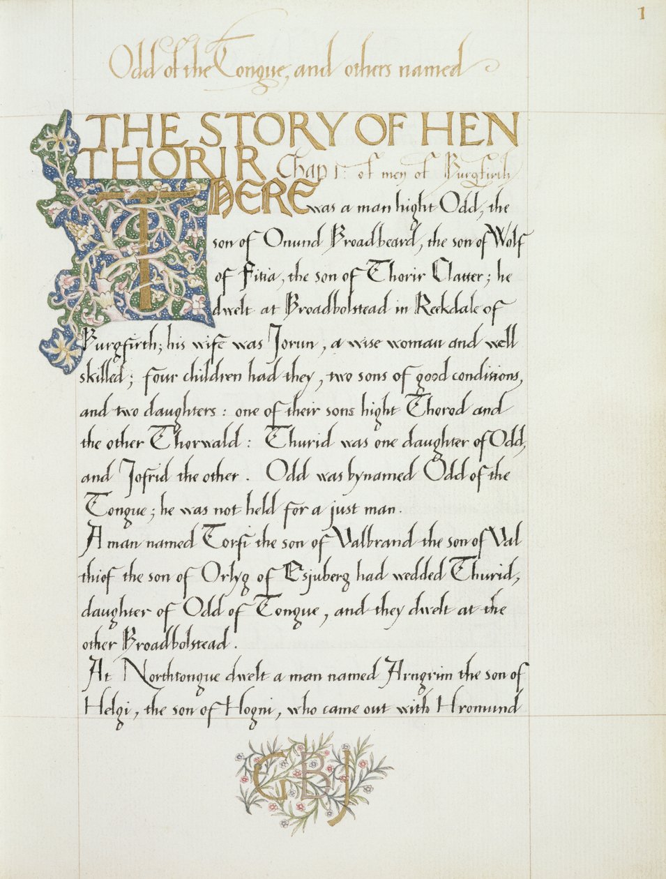 सुश्री 270 * f.1r हेन थोरिर की कहानी, c.1873-4 (पेपर) द्वारा विलियम मॉरिस