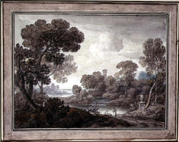 शास्त्रीय लैंडस्केप, c.1770 (कागज पर कलम और स्याही और पानी के रंग का) द्वारा विलियम ओरम