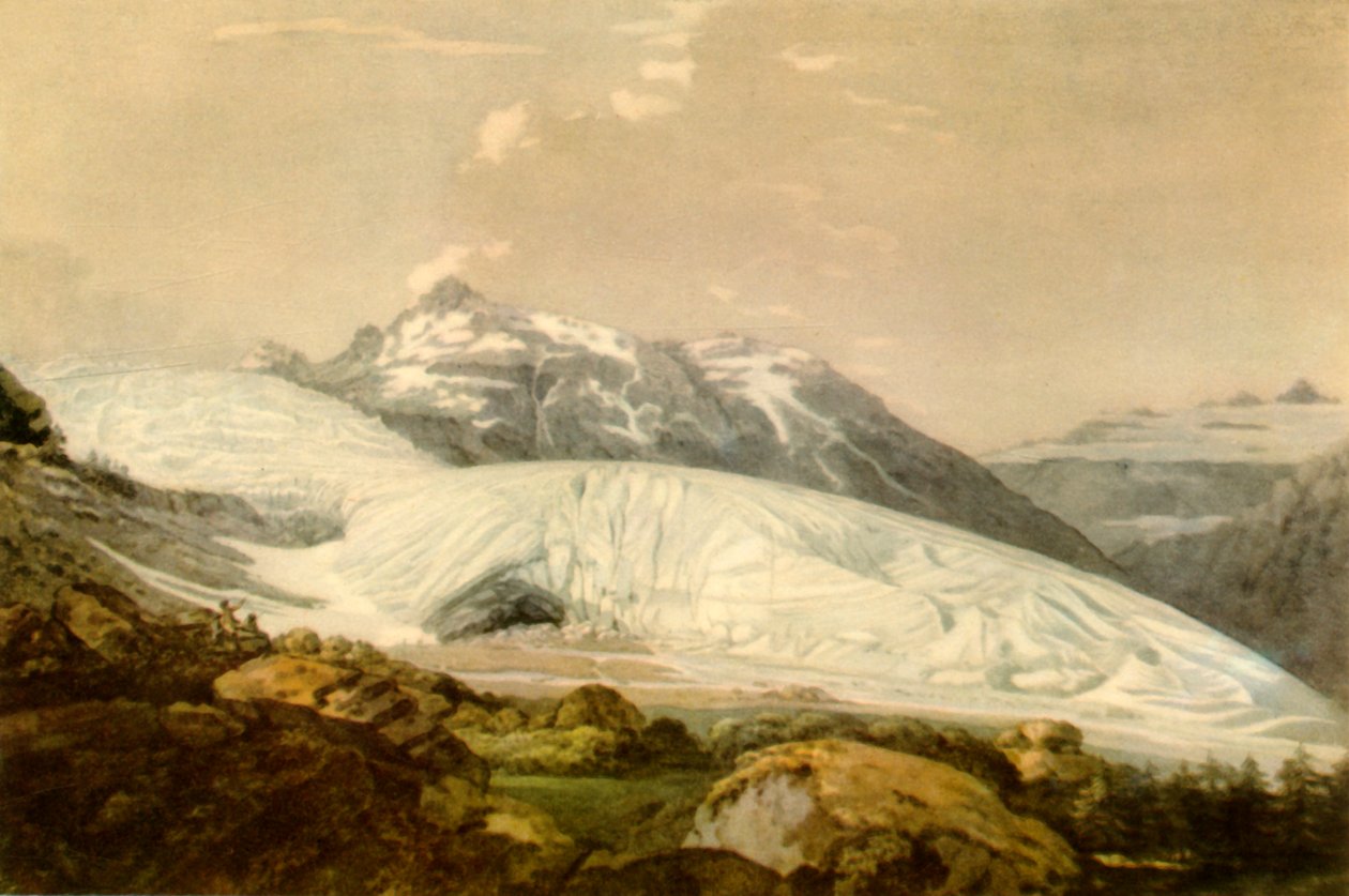 रोन ग्लेशियर के साथ मोंट फुरका का दृश्य, c1770, 1946। द्वारा विलियम पारस