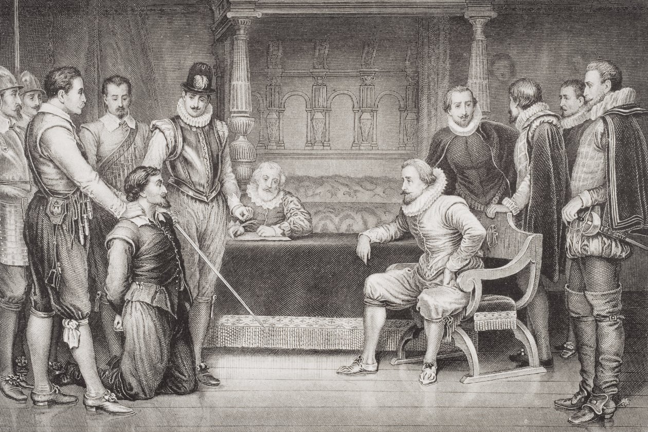 गाई फॉक्स (1570-1606) ने जेम्स I (1566-1625) और किंग्स बेडचैब में उनकी परिषद से पूछताछ की, &39;अंग्रेजी और स्कॉटलैंड के इतिहास का चित्र&39; वॉल्यूम I से द्वारा विलियम राल्स्टन
