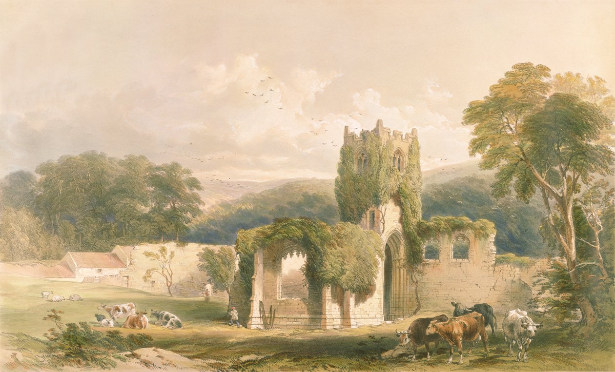 जॉर्ज ग्रेसिन्स (1819-52), 1842 द्वारा उत्कीर्ण &39;द मोनास्टिक खंडहर ऑफ यॉर्कशायर&39; से चर्च का बाहरी भाग, ग्रेस प्रीरी द्वारा विलियम रिचर्डसन
