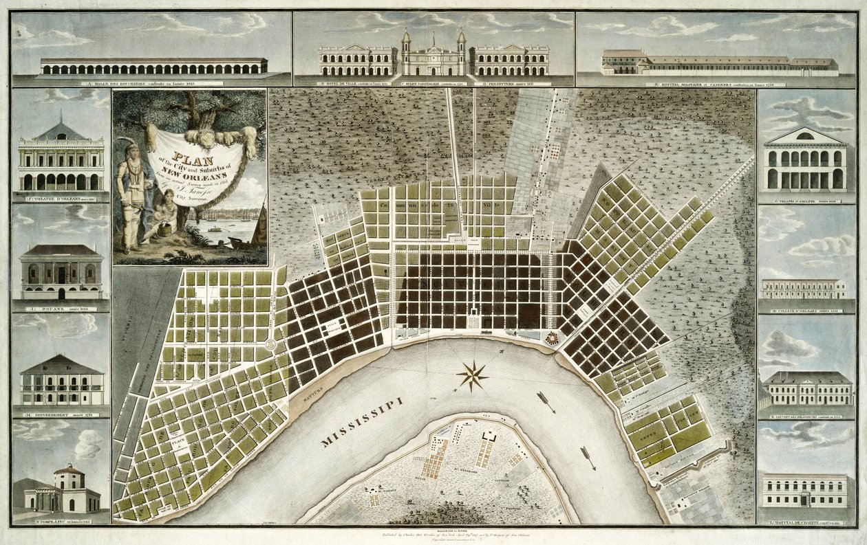 न्यू ऑरलियन्स, 1817 के शहर और उपनगरों की योजना द्वारा विलियम रोलिंसन