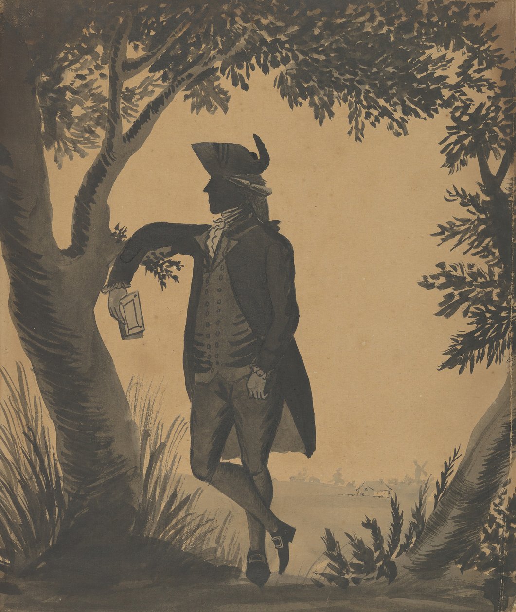 एक किताब के साथ एक पेड़ के खिलाफ झुक रहा युवक, ca. 1780-89. द्वारा विलियम वेलिंग्स